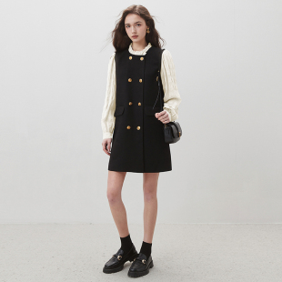 dfvc赫本风黑色连衣裙女春2026新款拼接木耳边长袖小个子小黑裙子