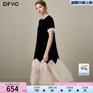 dfvc洋气桑蚕丝真丝丝绒连衣裙女2026年夏季新款蕾丝拼接中长裙子