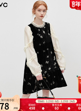 dfvc甜美风撞色拼接丝绒连衣裙女2026春季新款蝴蝶长袖裙子小黑裙