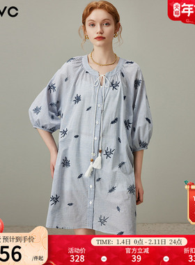 dfvc温柔风纯棉条纹绣花衬衫裙女2025年夏季新款系带领宽松连衣裙