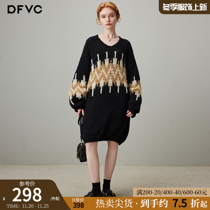 dfvc通勤复古针织连衣裙灯笼袖