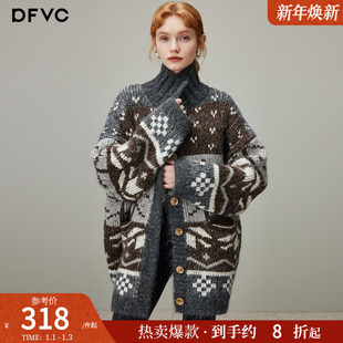 dfvc复古费尔岛提花针织开衫女2025年冬季新款宽松中长款毛衣外套