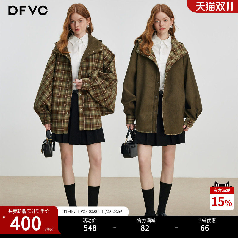 dfvc英伦复古格子连帽风衣短款女26秋季新款蝙蝠袖双面穿外套上衣