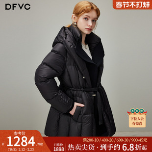dfvc黑色中长款鹅绒羽绒服女2025年冬季新款连帽收腰加厚保暖外套