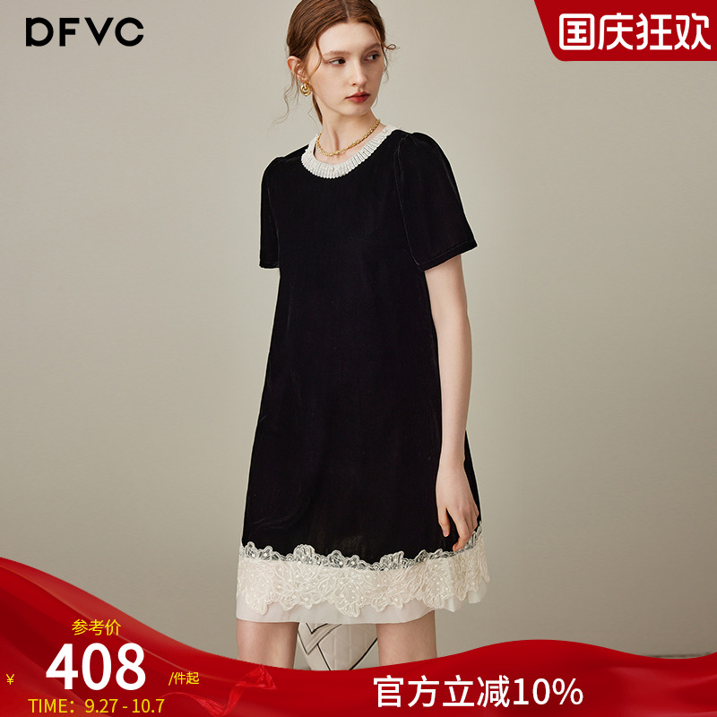 dfvc黑色名媛风丝绒连衣裙