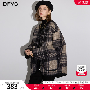 dfvc韩版短款格子毛呢外套女2026年冬季新款宽松小个子呢子大衣厚