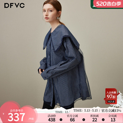 dfvc蓝色减龄海军领格子长袖衬衫
