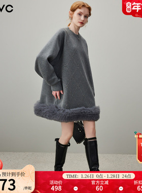 dfvc时尚休闲圆领卫衣裙女2026年春季新款烫钻网纱拼接宽松连衣裙