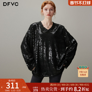 dfvc黑色重工亮片V领长袖T恤女2025年冬季新款宽松百搭内搭打底衫