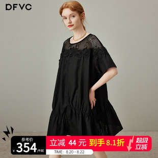 新款 dfvc黑色亚麻绣花镂空连衣裙女2025年夏季 抽褶小个子宽松裙子