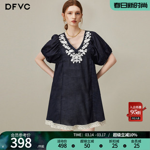 dfvc苎麻复古绣花V领衬衫裙女2026年夏季新款小个子宽松连衣裙薄