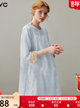 dfvc蓝色新中式国风连衣裙女2025年夏季新款提花刺绣宽松薄款裙子