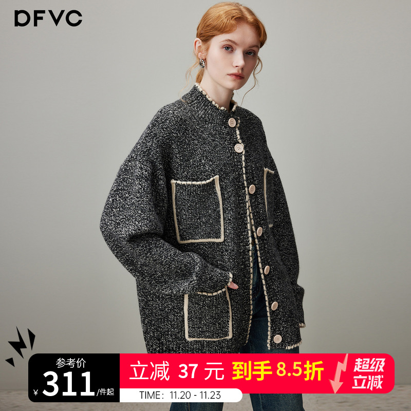 dfvc黑色慵懒风半高领针织开衫