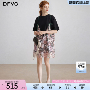 dfvc黑色韩系假两件吊带T恤裙女2026新款夏季宽松绣花网纱连衣裙