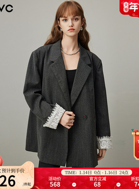 dfvc灰色通勤休闲西装外套女2026年春季新款条纹蕾丝拼接宽松西服