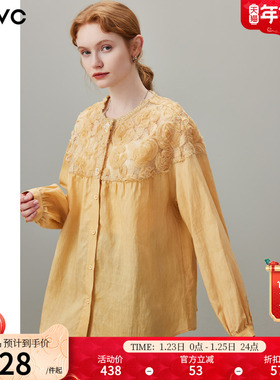 dfvc天丝亚麻法式长袖衬衫女2026年春季新款镂空花朵圆领宽松小衫