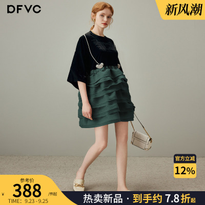 dfvc撞色拼接丝绒t恤裙蛋糕裙