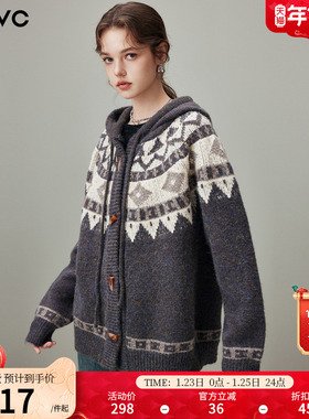 dfvc费尔岛提花中长款针织外套女2025年冬季新款连帽宽松开衫毛衣