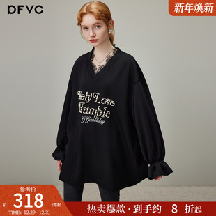 连衣裙 宽松长袖 dfvc黑色休闲字母V领套头卫衣裙女2025年冬季 新款