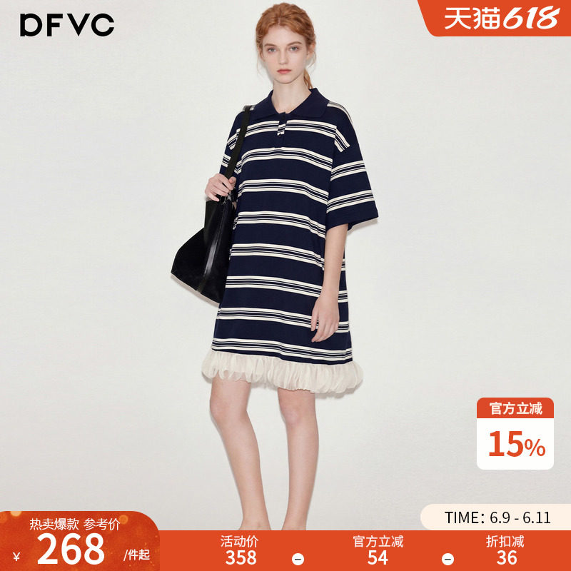 dfvc韩版休闲Polo领条纹T恤裙女2026年夏季新款花边小个子连衣裙