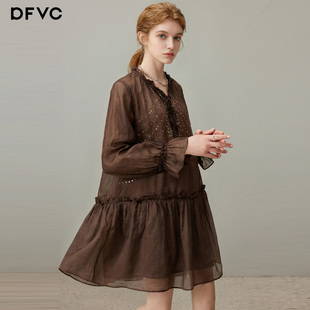 木耳边领宽松中长款 新款 裙子 连衣裙女2026年春季 dfvc苎麻复古长袖