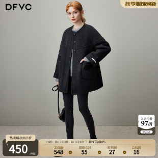 dfvc黑色中长款羊毛呢外套女2026年冬季新款圆领小个子双面呢大衣