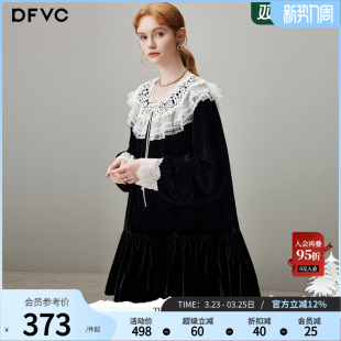 宽松复古小黑裙子 新款 dfvc法式 蕾丝荷叶领丝绒连衣裙女2026年春季