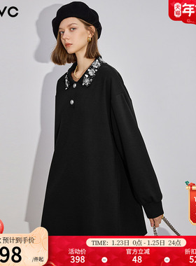 dfvc黑色时尚休闲卫衣裙女2026年春季新款钉珠POLO领小个子连衣裙