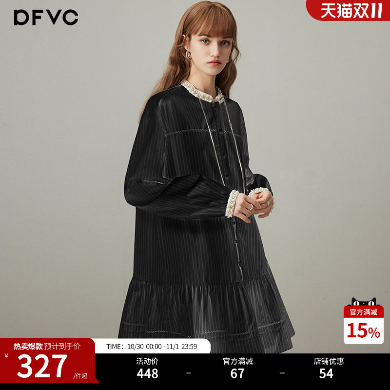 dfvc休闲纯棉衬衫连衣裙女2026年夏季新款条纹拼接腰带宽松娃娃裙