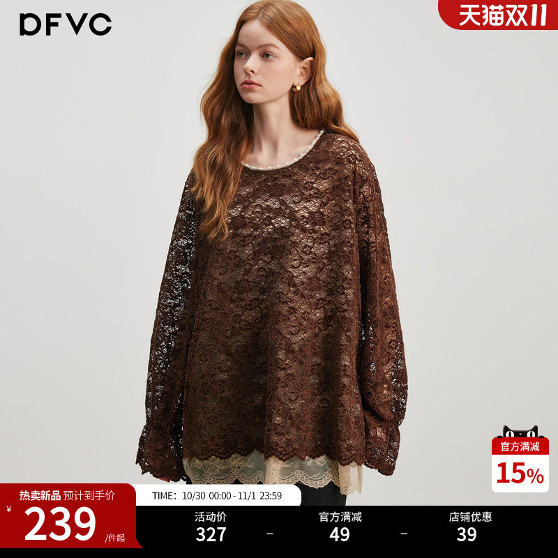 dfvc复古圆领蕾丝衫长袖衬衫女秋冬新款中长款宽松假两件打底上衣