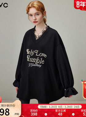 dfvc黑色休闲字母V领套头卫衣裙女2025年冬季新款宽松长袖连衣裙