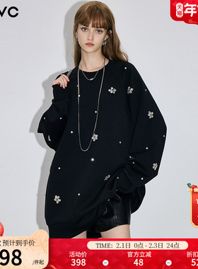 dfvc黑色美式休闲重工钉珠圆领卫衣女2026春季新款宽松中长连衣裙