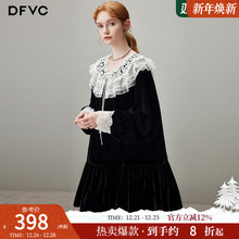 dfvc法式蕾丝荷叶领丝绒连衣裙女2025年冬季新款宽松复古小黑裙子