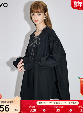 dfvc黑色法式纯棉长袖衬衫女2026春季新款钉珠喇叭袖宽松中长上衣