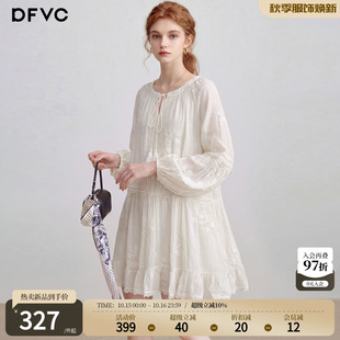 dfvc人丝法式复古长袖连衣裙女2026新款秋季绣花系带领宽松A字裙