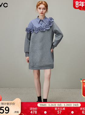 dfvc设计感假两件格子衬衫拼接卫衣裙女2025年冬季新款休闲连衣裙