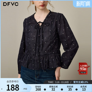 新款 dfvc纯棉法式 女2026年春季 衬衫 荷叶边V领宽松上衣薄 波点长袖