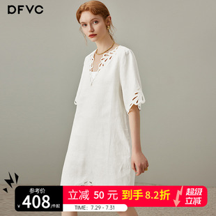 dfvc亚麻简约镂空小个子连衣裙女2025年夏季 新款 V领宽松中裙薄款