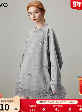 dfvc灰色重工钉珠圆领卫衣裙女2026年春季新款网纱加绒长袖连衣裙
