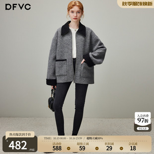 dfvc灰色韩版羊毛短款毛呢外套女2026年冬季新款翻领宽松加厚大衣