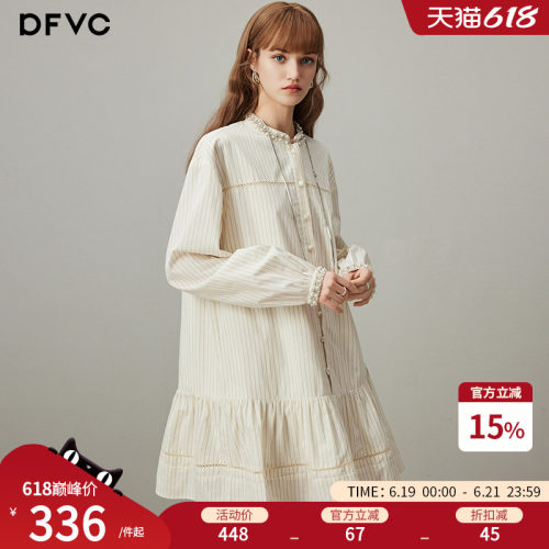 dfvc纯棉通勤复古衬衫连衣裙条纹