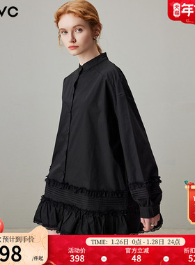 dfvc黑色纯棉衬衫连衣裙女2026年春季新款设计感蕾丝边短裙小黑裙