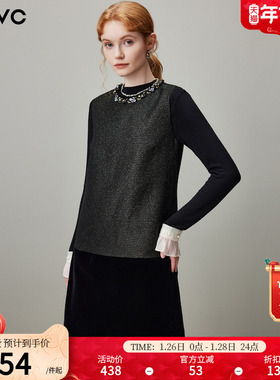 dfvc气质背心裙丝绒拼接无袖连衣裙女2025年冬季新款小个子小黑裙