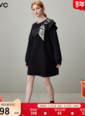 dfvc韩系休闲圆领卫衣裙女2025年冬季新款荷叶边宽松长袖连衣裙潮
