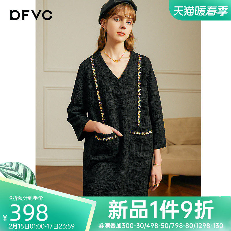dfvc春季黑色v领钉珠卫衣裙连衣裙女2022新款宽松七分袖直筒裙子