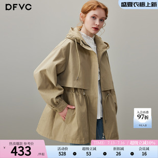 dfvc卡其色韩版中长款风衣外套女2026年秋季新款连帽收腰宽松大衣