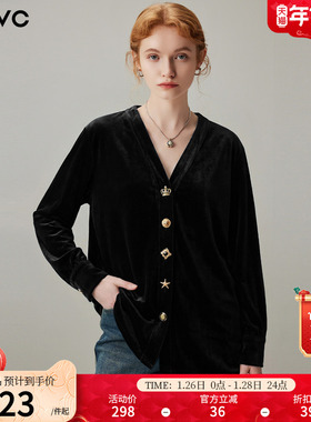 dfvc通勤风气质V领丝绒长袖衬衫女2026年春季新款中长款宽松上衣