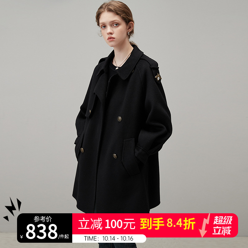 dfvc韩版黑色中长款毛呢外套