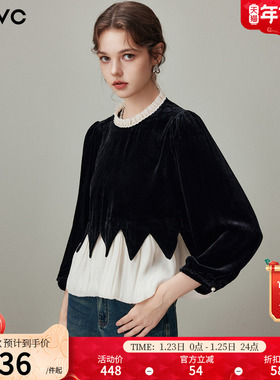 dfvc人丝复古长袖丝绒衬衫女2026年春季新款撞色荷叶边宽松上衣