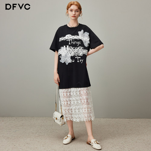 dfvc设计感蕾丝拼接T恤连衣裙